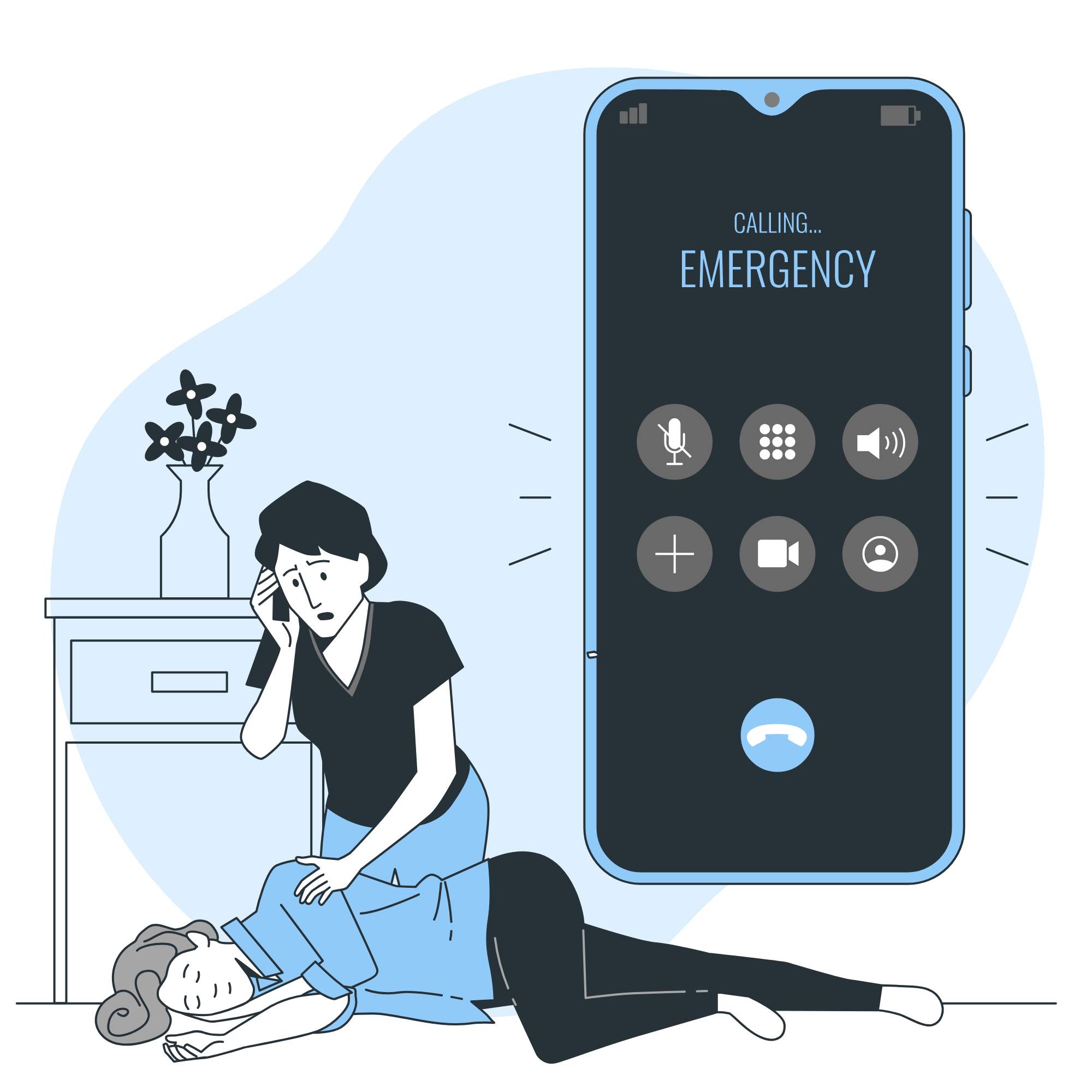 A woman is positioned on the floor next to a phone marked "Emergency," emphasizing the critical nature of public service assistance.