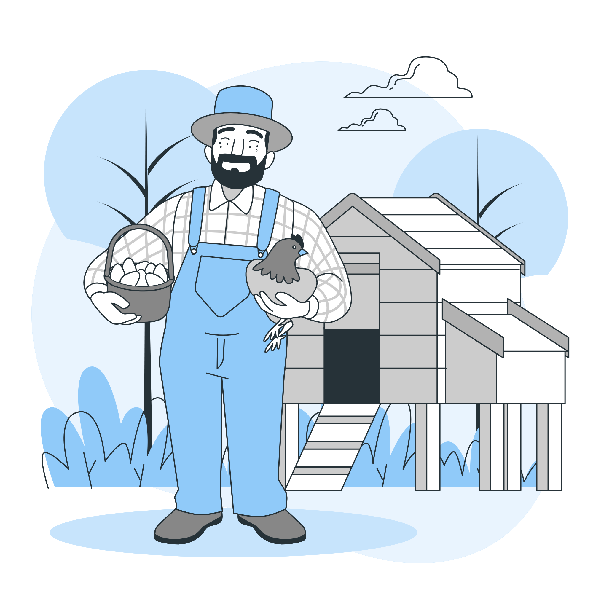 A man in a hat and overalls holds a chicken, embodying the essence of farming and rural life.