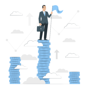 A businessman proudly stands on money stacks, flag in hand, illustrating triumph and success in the world of business and finance.