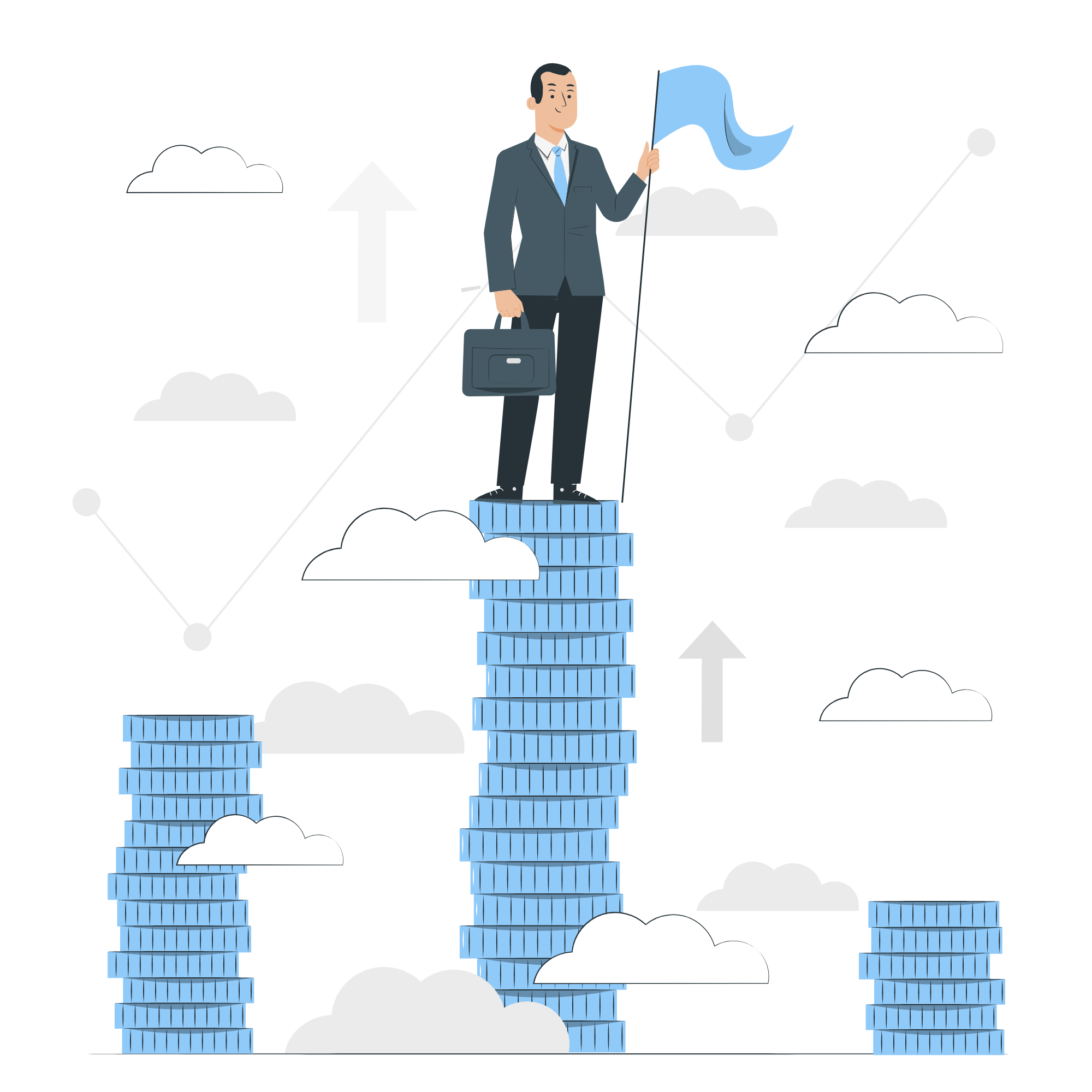 A businessman proudly stands on money stacks, flag in hand, illustrating triumph and success in the world of business and finance.