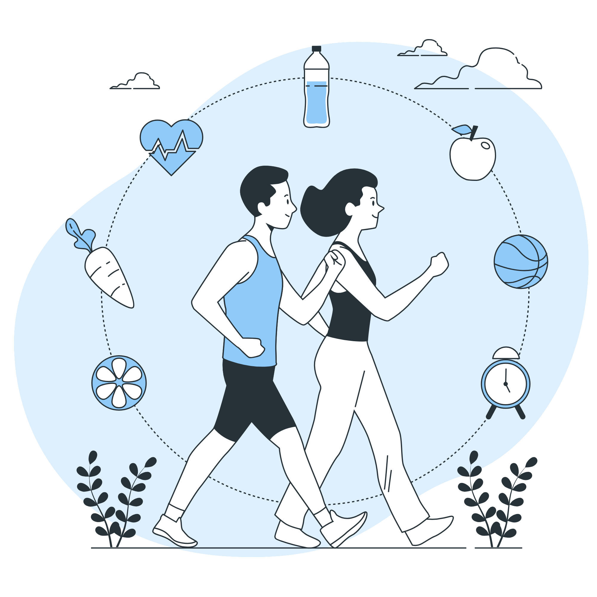 Illustration of a couple jogging together, promoting personal care and a healthy lifestyle through physical activity.