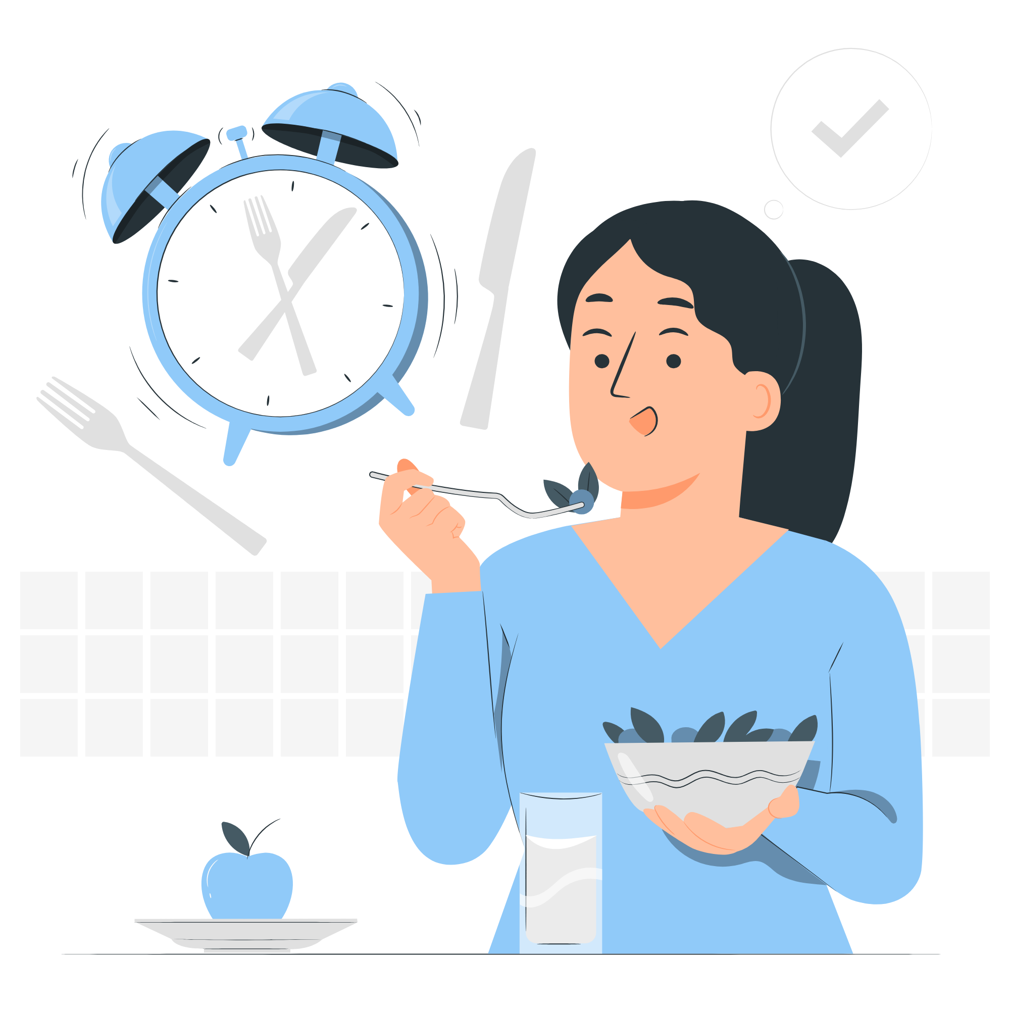 A woman relishes her breakfast, surrounded by an alarm clock and various food items, highlighting food preparation and serving