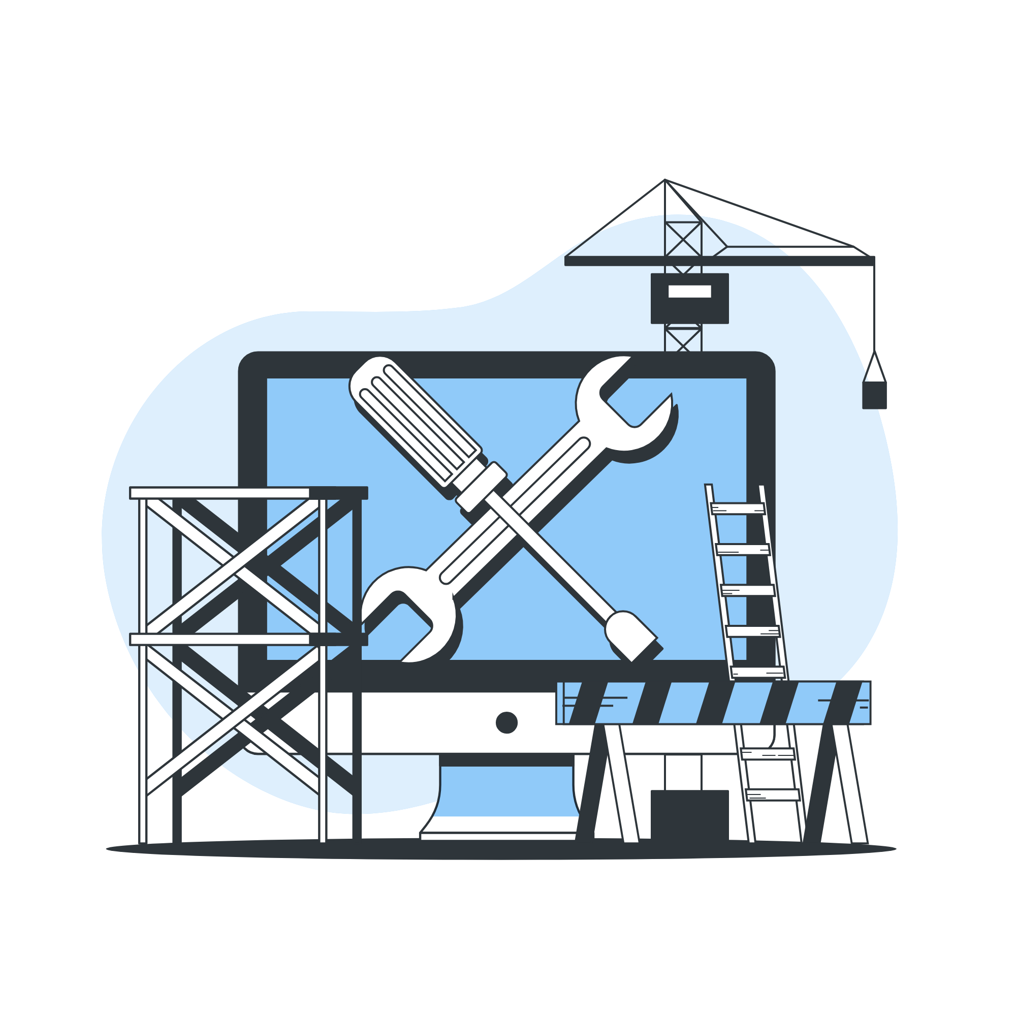 A computer alongside a wrench and hammer, symbolizing installation, maintenance, and repair services .