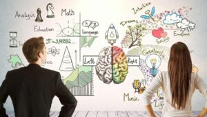 A man and woman study a brain illustration, reflecting on entrepreneurial choices.