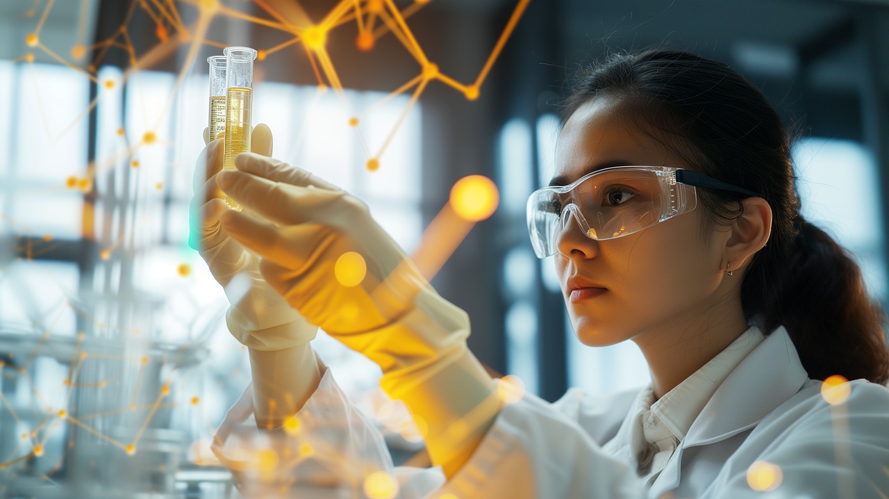 A woman in a lab coat, the owner of a chemical engineering consultancy, examines a test tube, showcasing her professional role.