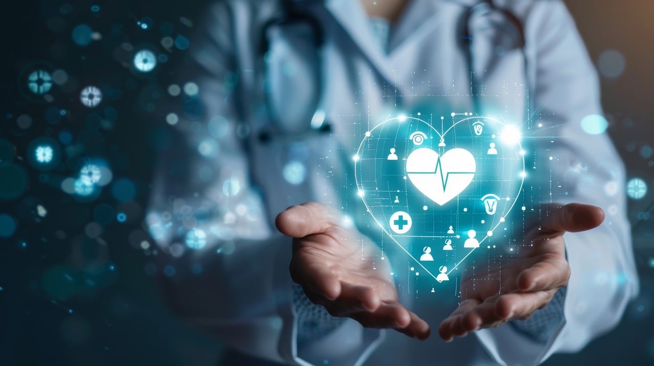 A doctor, as a medical practice owner, holds a heart-shaped digital icon, symbolizing care and compassion in healthcare.