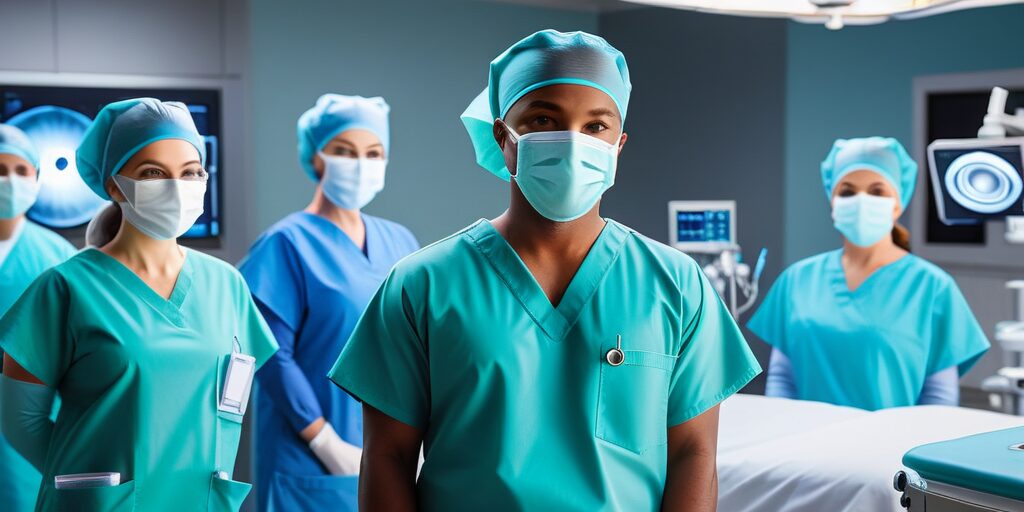 A team of doctors in scrubs stands in an operating room, ready for surgery, representing the Surgical Technologist Firm.