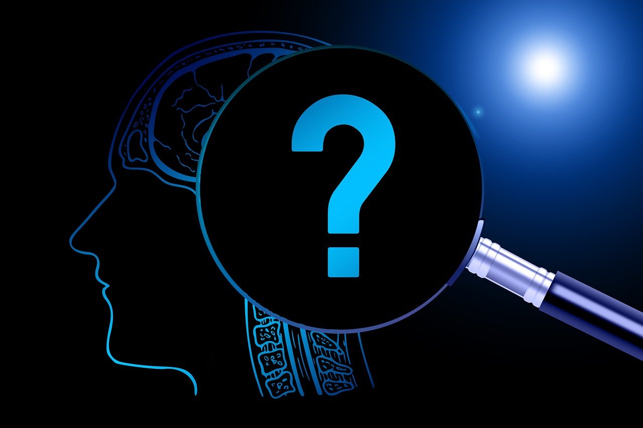 Silhouette of a human head with a magnifying glass highlighting a blue question mark, symbolizing the analytical and investigative nature of a private investigator's work