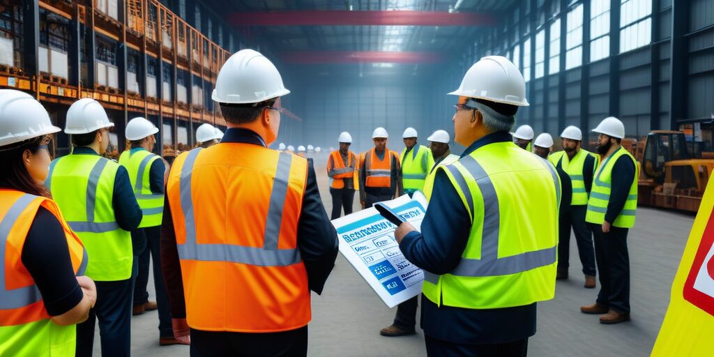 A group of construction workers collaborating in a warehouse, emphasizing safety and teamwork in their environment.