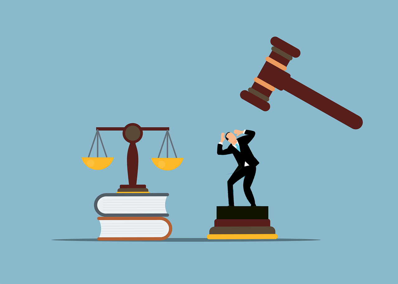 Illustration of a businessman holding scales of justice and a gavel, symbolizing law enforcement and investigative services.