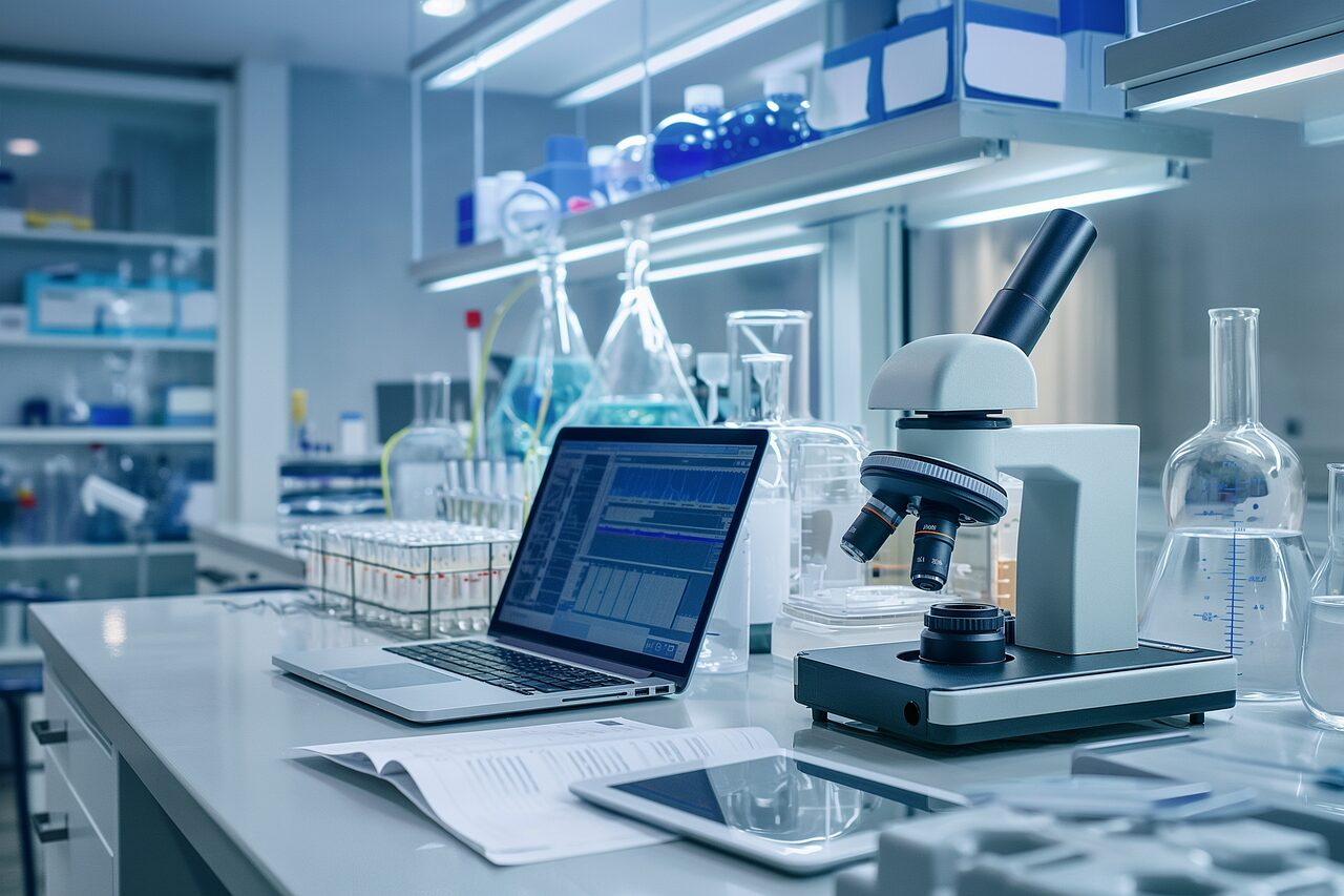 Laboratory scene featuring a laptop, microscope, and various equipment, highlighting the work of the Epidemiology Research Office.