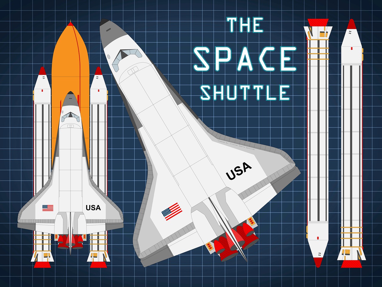 Illustration of a space shuttle, showcasing its design and engineering, created by an aerospace engineering firm owner.