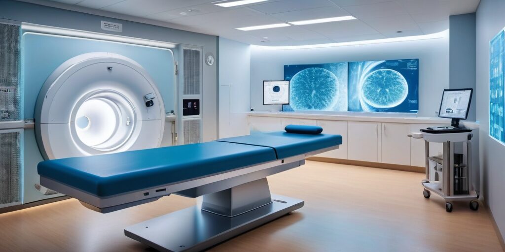 A hospital room featuring an MRI machine alongside a patient bed, designed for advanced radiation therapy treatments.