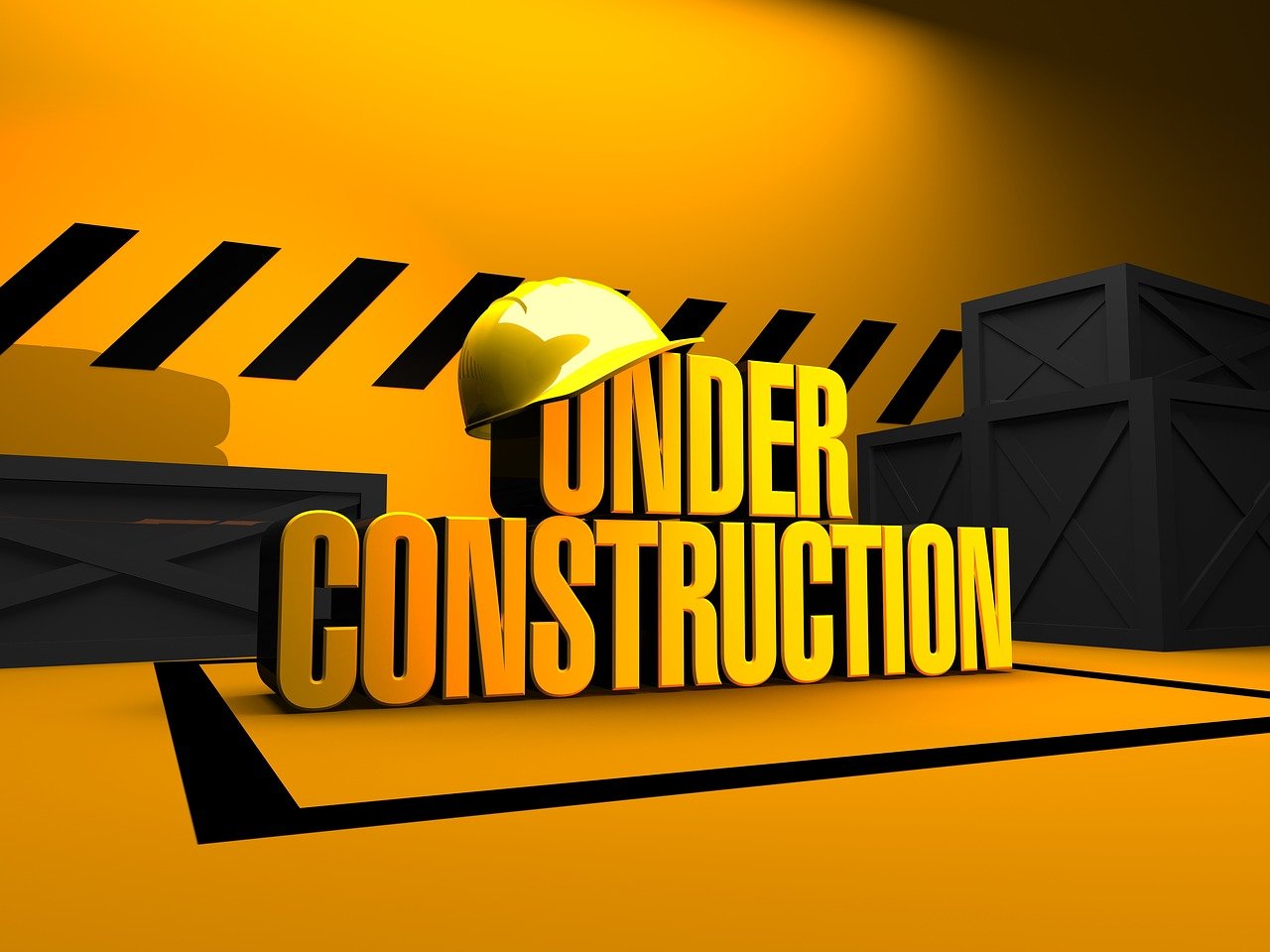 A yellow background features an under construction sign, symbolizing active project management in construction.