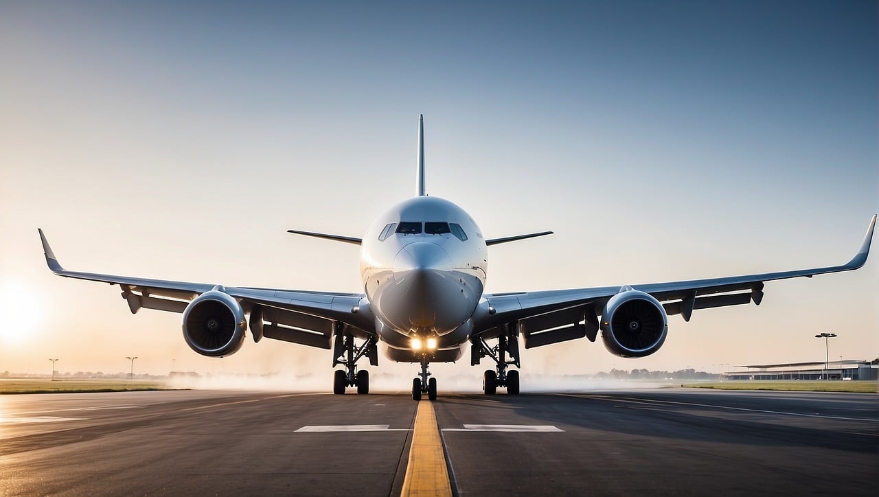 A large passenger jet on the runway during sunset, representing the aviation sector and the significance of aircraft maintenance.