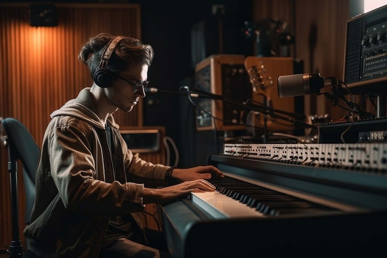 Image featuring dance studio owner wearing headphones, skillfully playing an electronic keyboard, creating an energetic atmosphere.