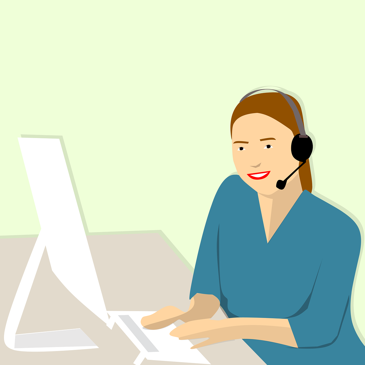 A woman wearing a headset works diligently at her computer, representing a customer service role with commitment and expertise.