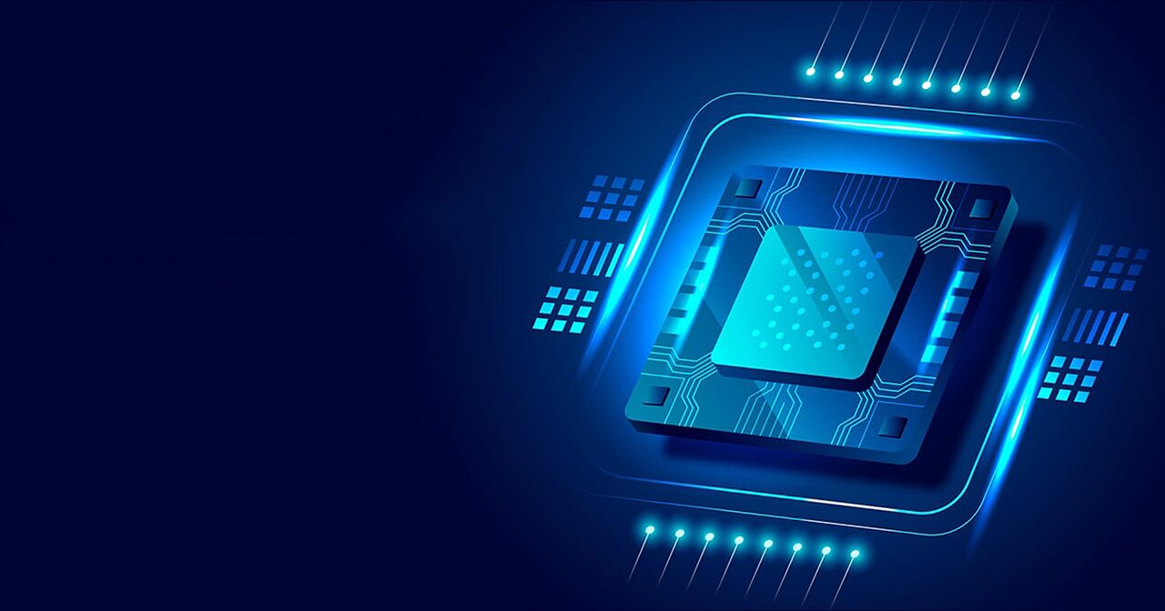 Image featuring computer chip displayed prominently against a blue background, symbolizing technology and IT support services.