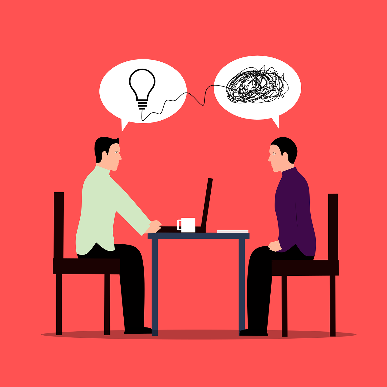 A psychological services business owner and a client converse at a table, with a light bulb overhead symbolizing ideas and insight.