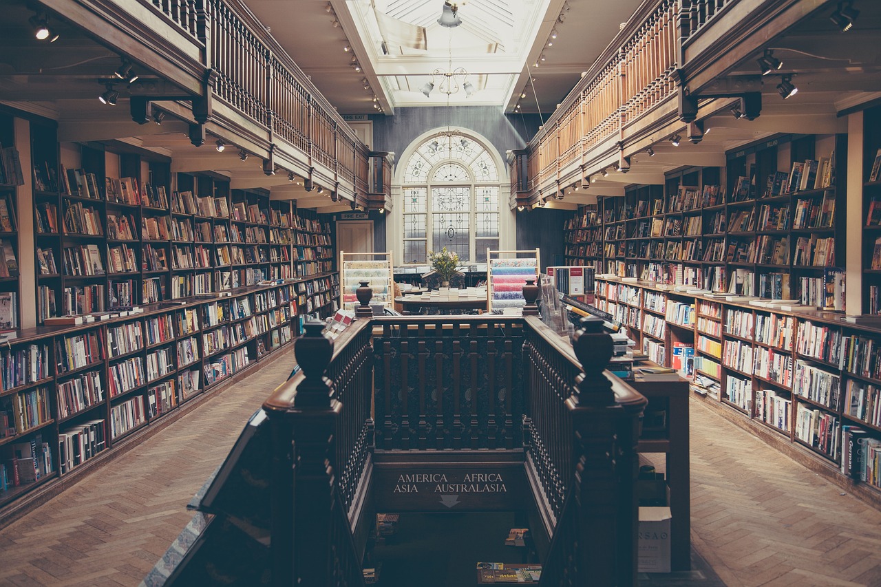 An elongated bookstore featuring numerous shelves lined with books, ideal for educational exploration and discovery.