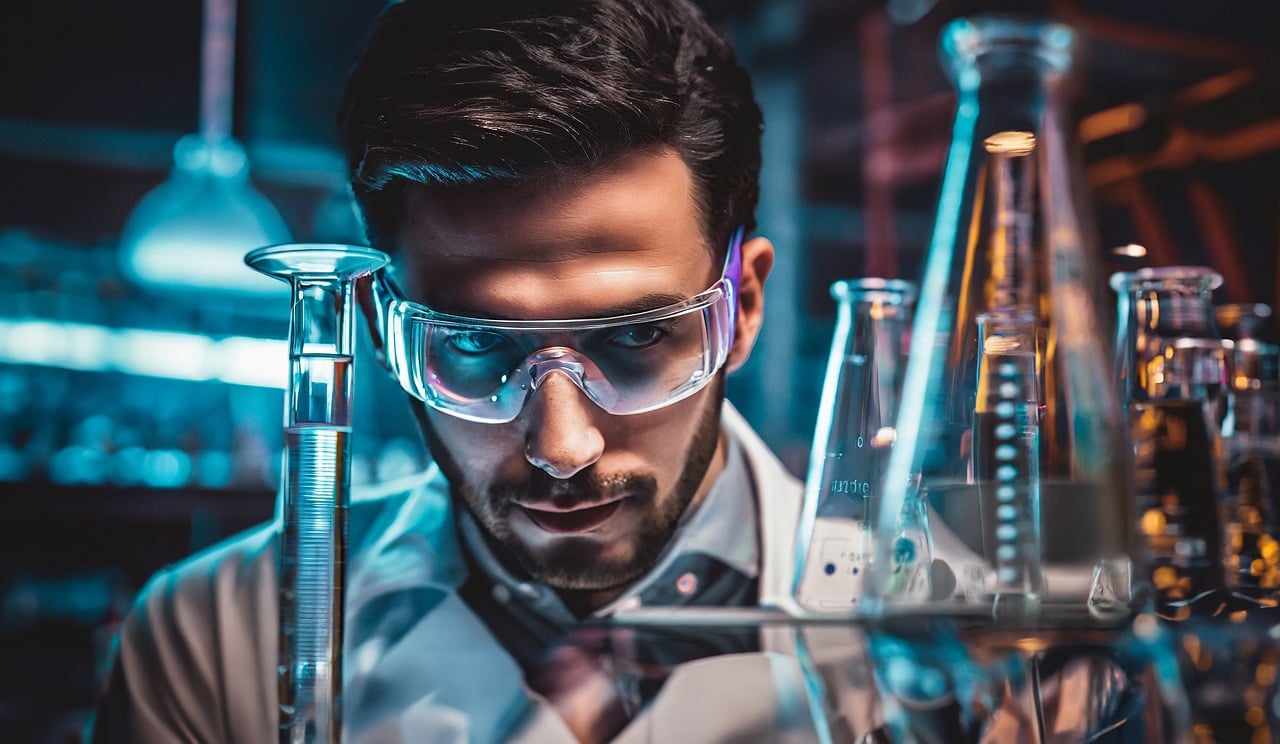 Image featuring a chemist in a lab coat and goggles examining a test tube, representing expertise in materials science consultancy.