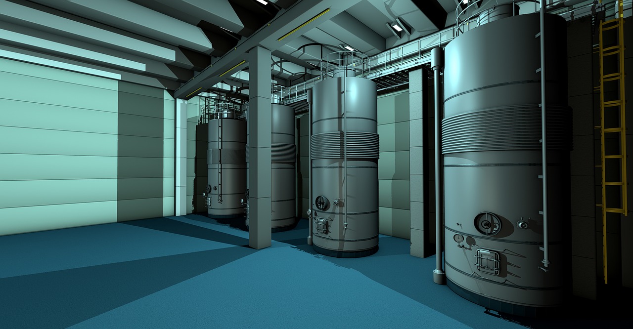 A large room featuring 3D-rendered industrial tanks, highlighting the expertise in boiler fabrication and maintenance.