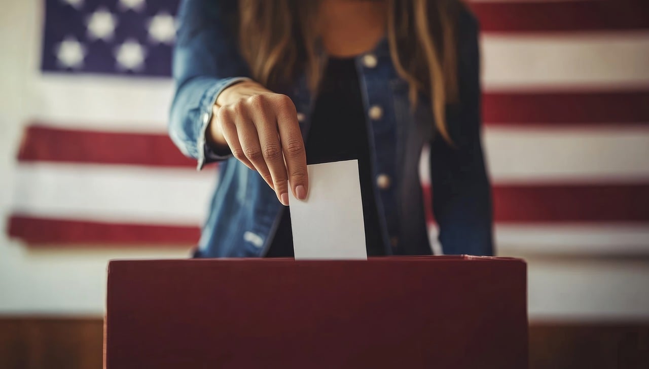 A business owner in social and political research places her vote into a ballot box, representing active participation in democracy.